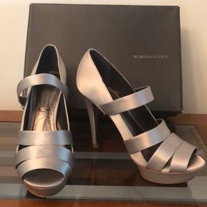 BCBG MAXAZRIA Silver Satin Stilettos